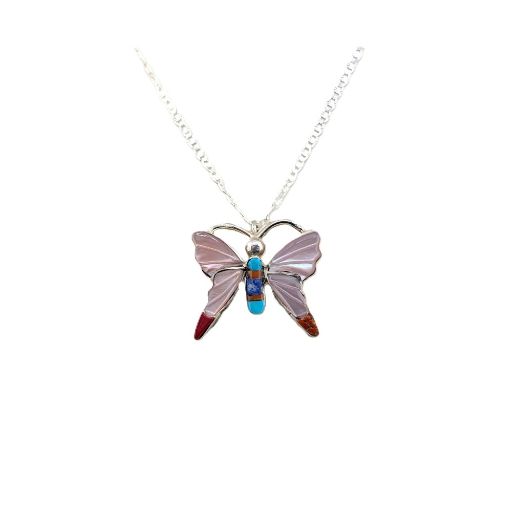 Zuni Sterling Silver Butterfly Inlay Necklace Turquoise Lapis Coral Stones ** - Picture 5 of 10